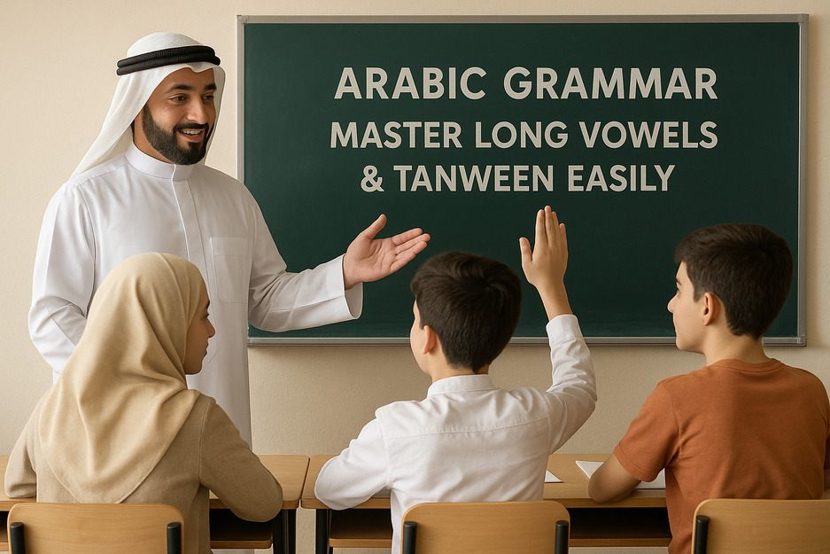 Arabic Grammar – Master Long Vowels & Tanween Easily' in bold white letters. Three students—two boys and one girl in a hijab—are sitting at desks